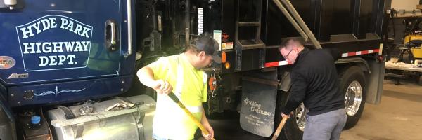 Road crews in Hyde Park demonstrate calibration, a best practice to help reduce use of road salt.